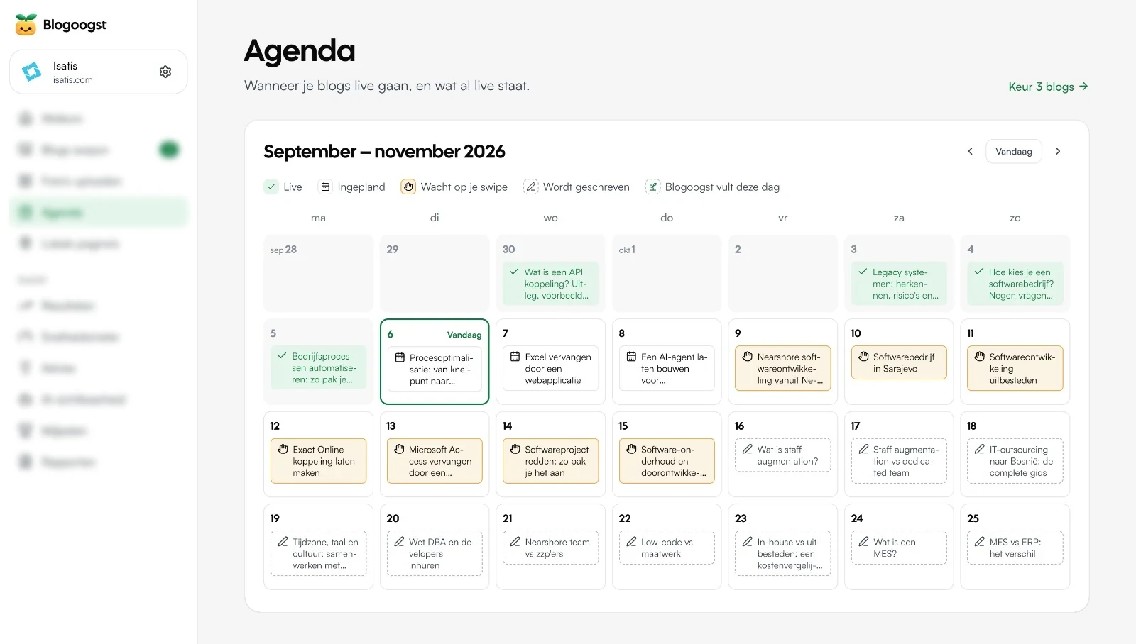 Calendar showing when each blog goes live